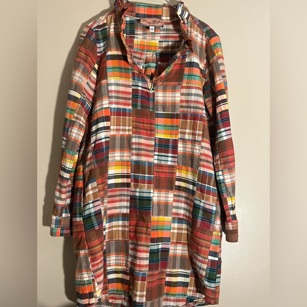 NWOT Gorgeous Boutique Grace Baker Patchwork Dress with Ruffle Neck